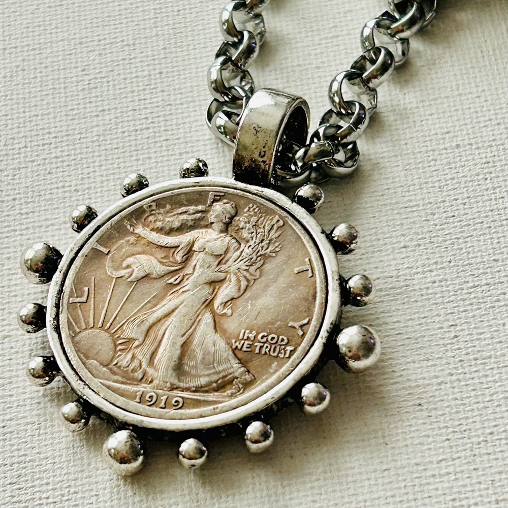 Liberty Silver Tone Replica Coin Pendant Necklace - Picture 6 of 8